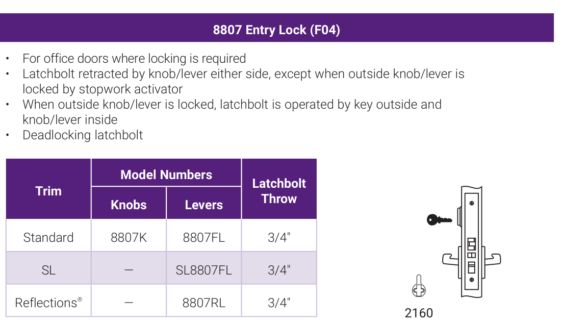 Accentra 8807 Entry Lock (ANSI/BHMA F04) -- catalog function block: operating description, trim model numbers for knobs and levers, bolt throw, and the mortise lock case drawing