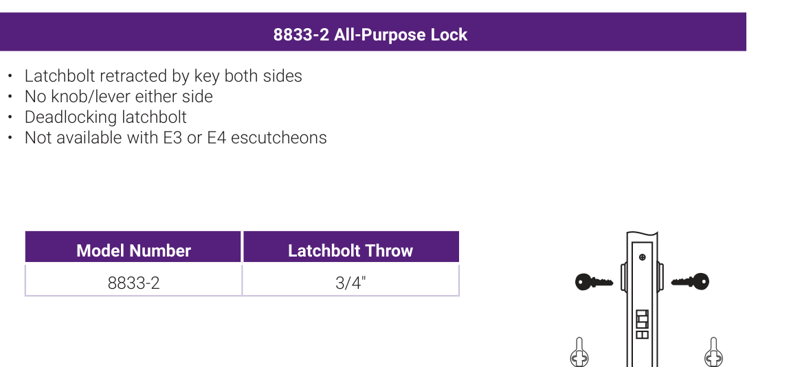 Accentra 8833-2 All-Purpose Lock -- catalog function block: operating description, trim model numbers for knobs and levers, bolt throw, and the mortise lock case drawing