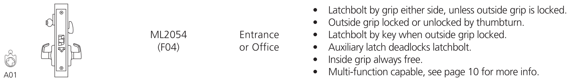 Corbin Russwin ML2054 ASP Entrance or Office function diagram Corbin Russwin ML2054 Entrance or Office function diagram, catalog 45300 12/25