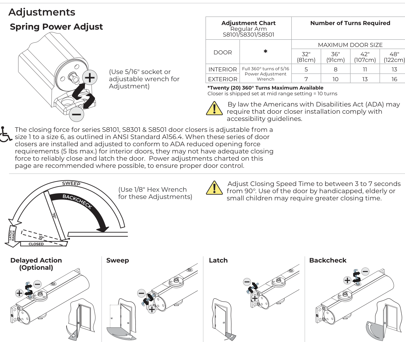 Norton 8000 / 8501 closer adjustments from the regular-arm installation sheet: spring power, sweep, latch, delayed action, and backcheck