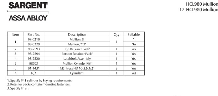 Sargent HCL980 parts list showing 98-2594