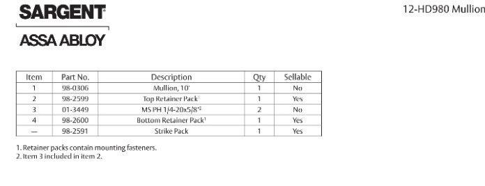 Sargent 12-HD980 parts list showing 98-2599