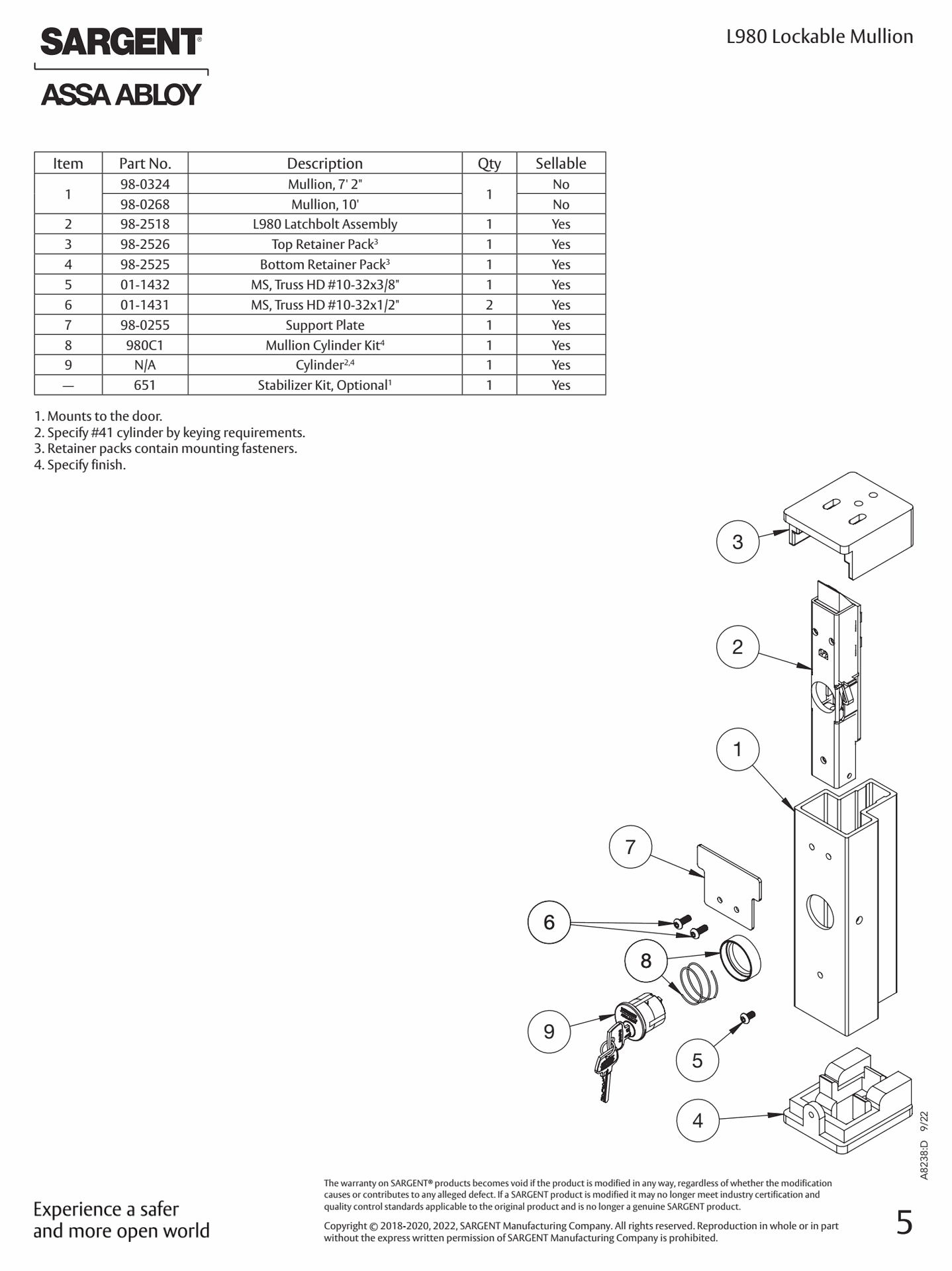 Sargent L980 Mullion Parts List