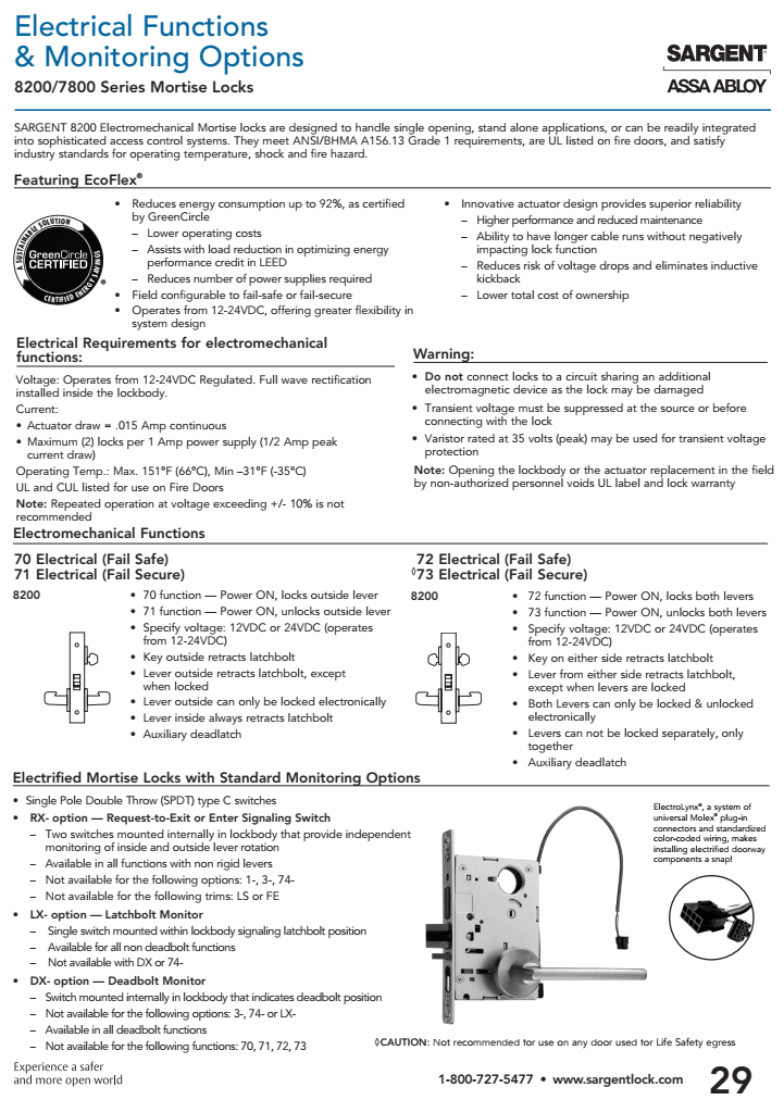 Sargent 8271 LNL Electromechanical Mortise Lockset Catalog Page