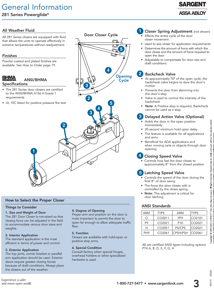 Sargent 281 Series Door Closer General Information Catalog Page