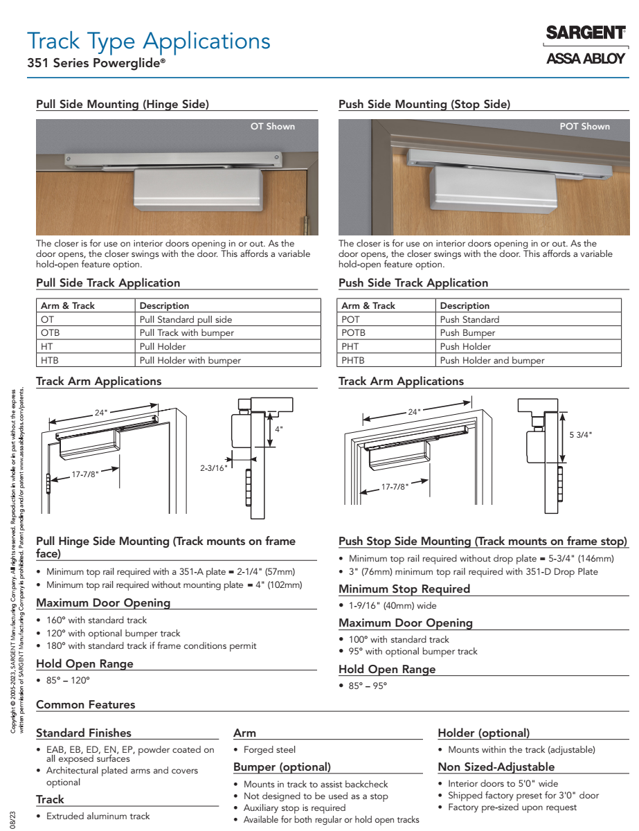 Sargent 351 OT Door Closer with PULL Standard Pull Side Track Arm
