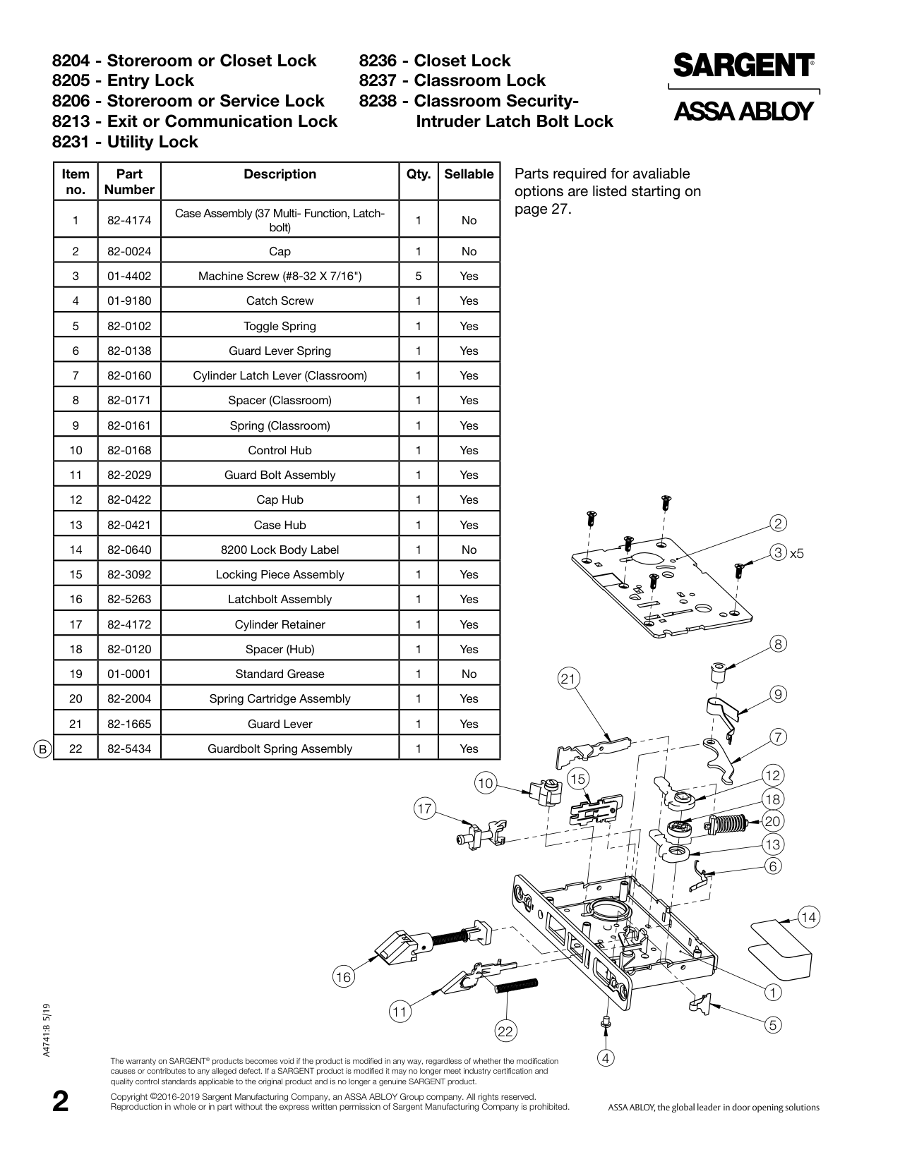 Sargent 82-0138 Spring Parts List