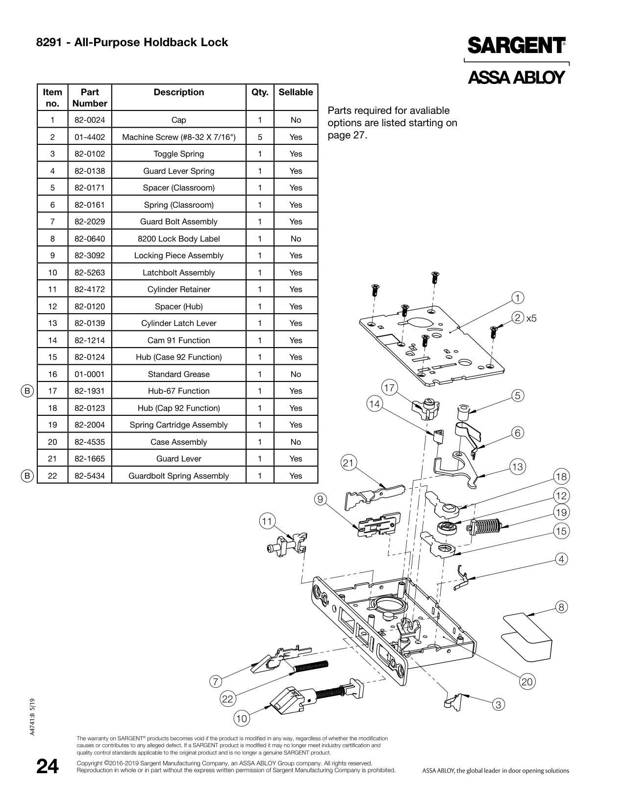 Sargent 82-0124 Hub Parts List