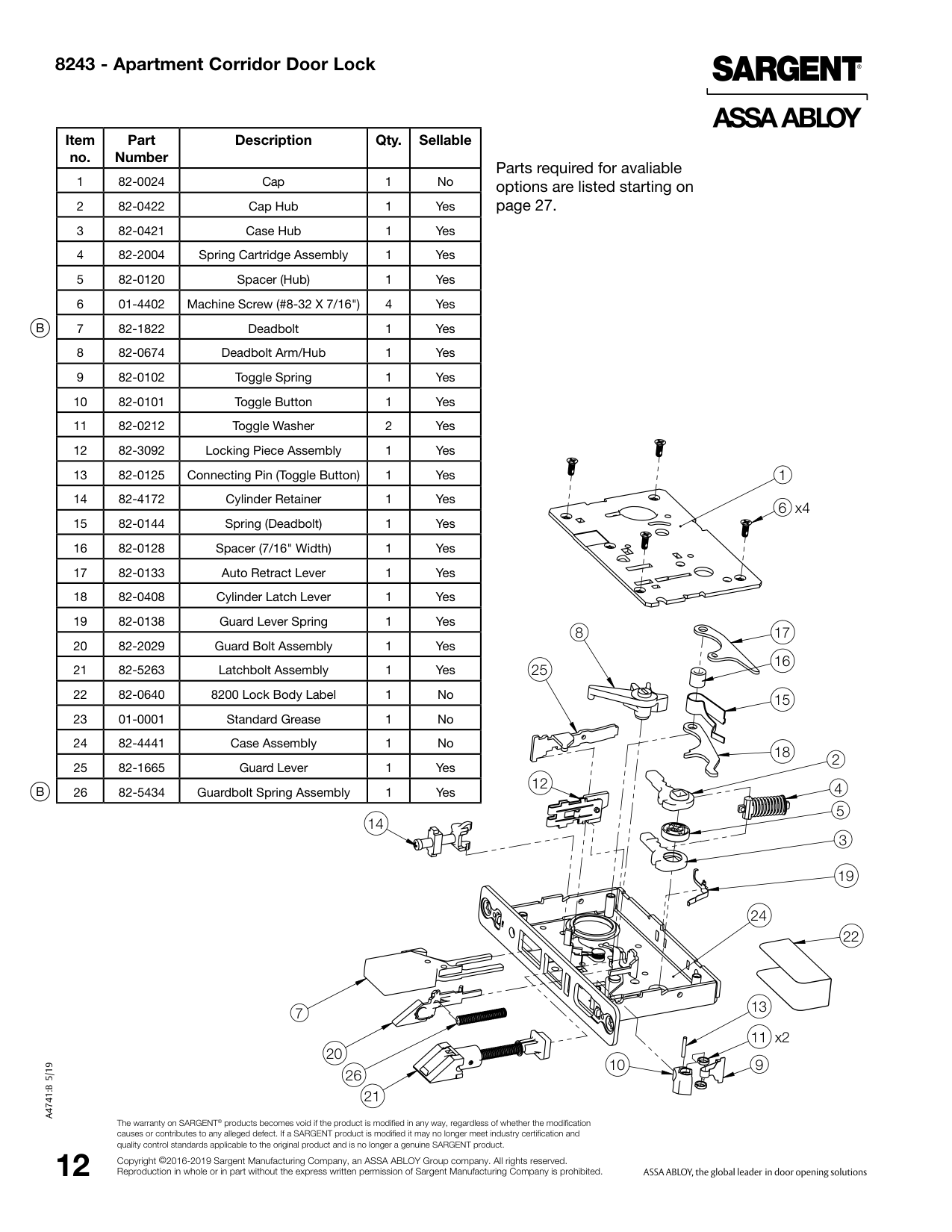 Sargent 82-0101 Button Parts List