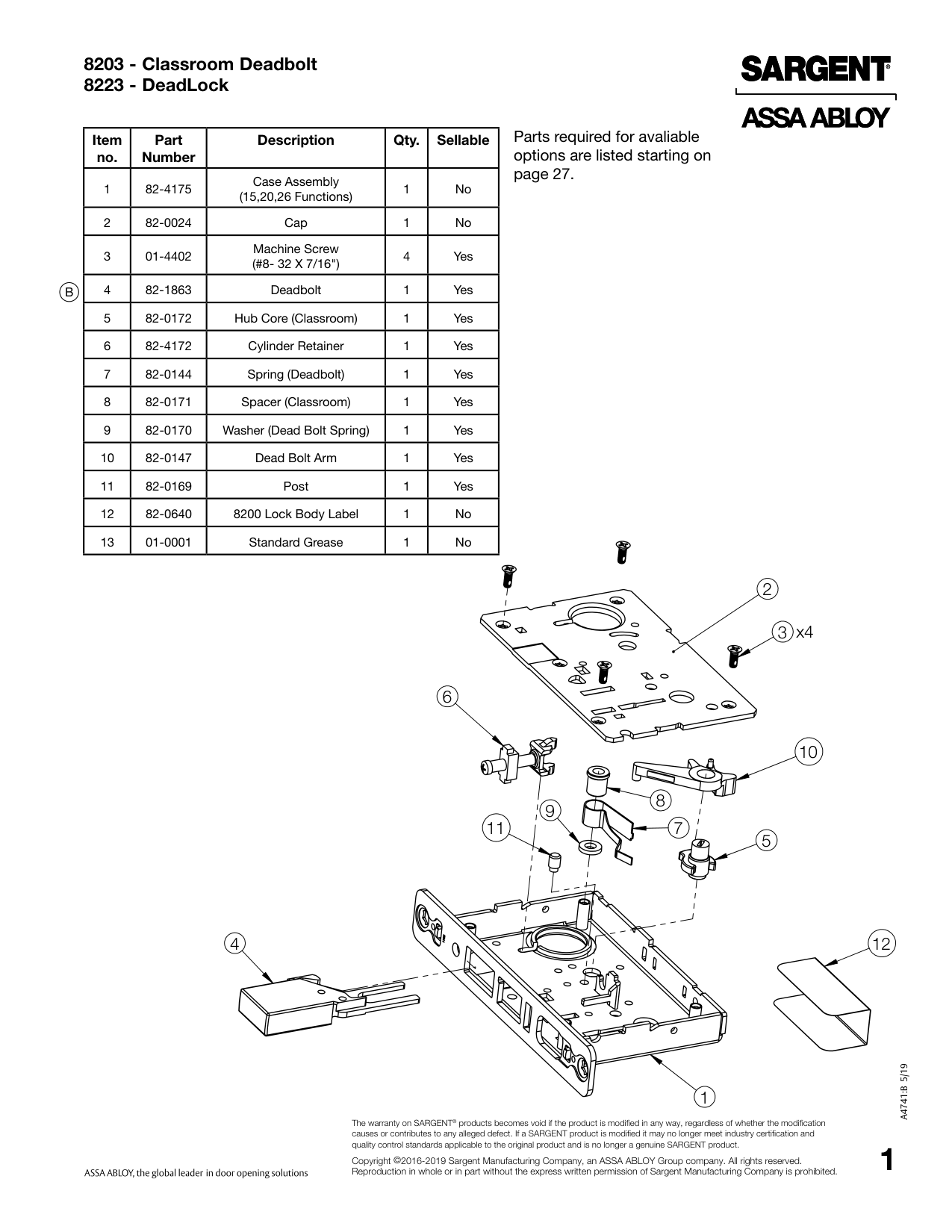 Sargent 82-0171 Spacer Parts List