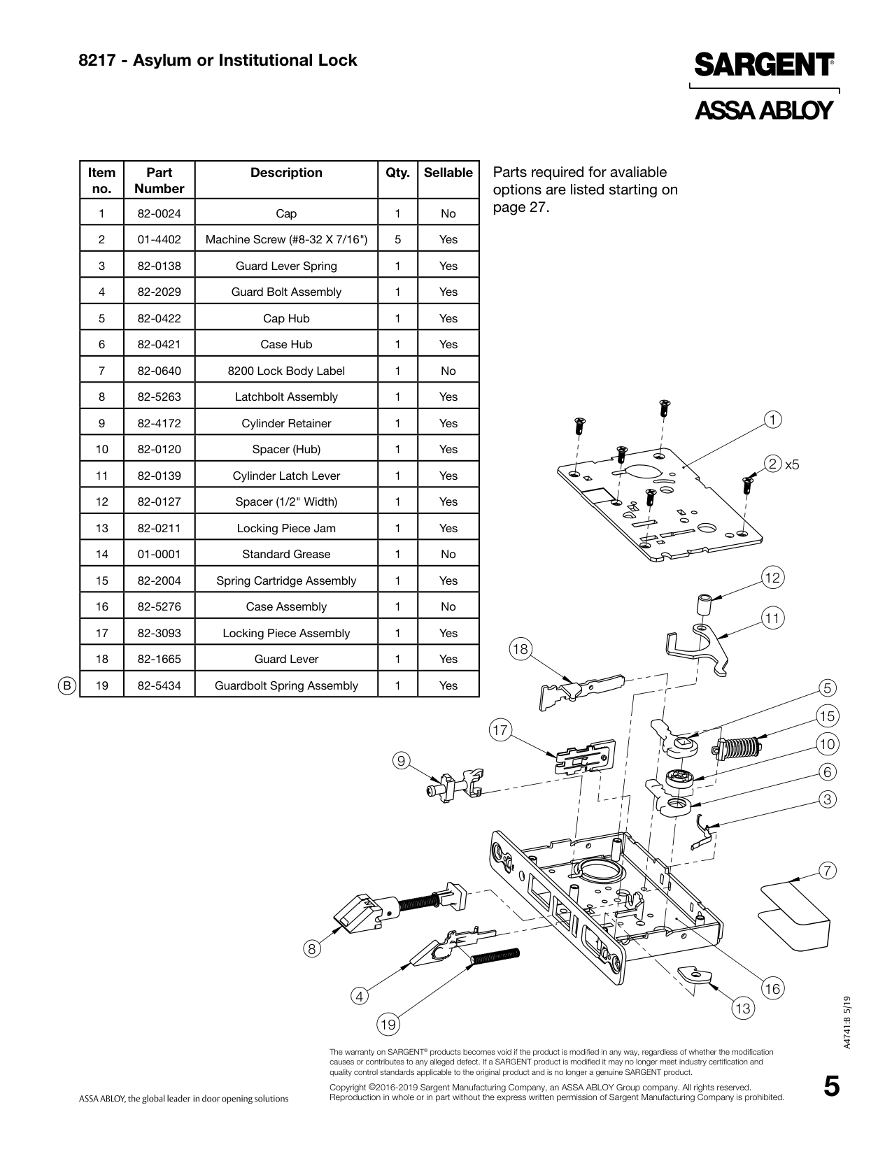 Sargent 82-0127 Spacer Parts List