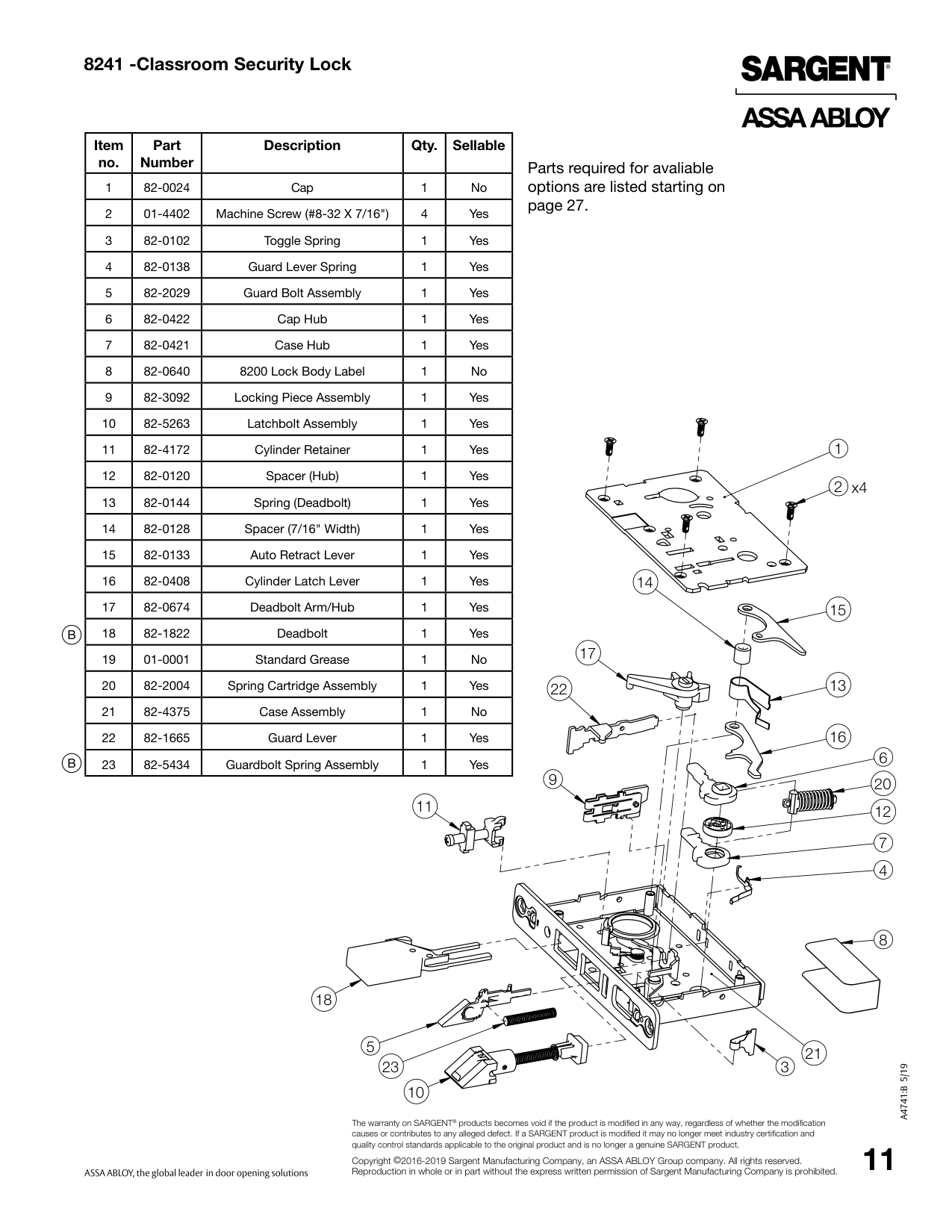 Sargent 82-0128 Spacer Parts List