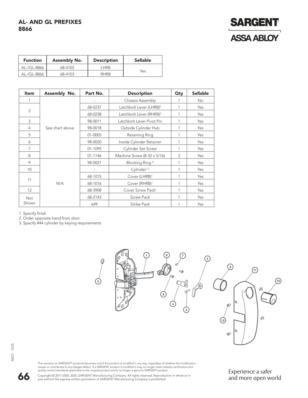 Sargent 68-4102 Chassis Assembly Parts List