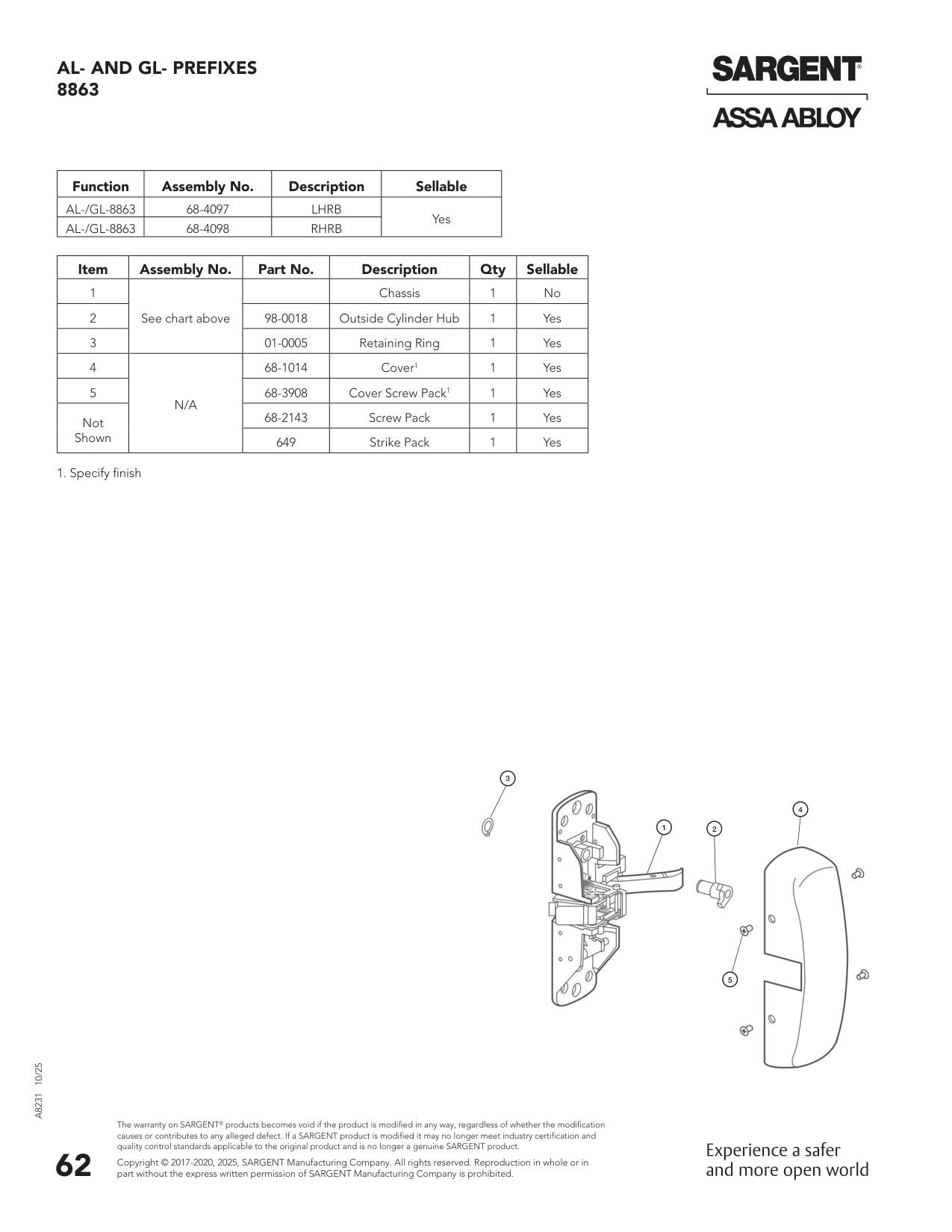 Sargent 68-4098 Chassis Assembly Parts List
