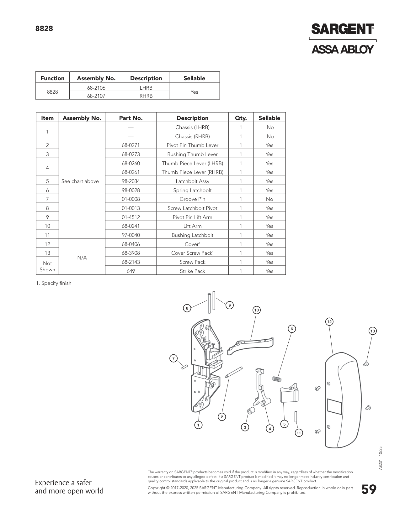 Sargent 68-2107 Chassis Assembly Parts List