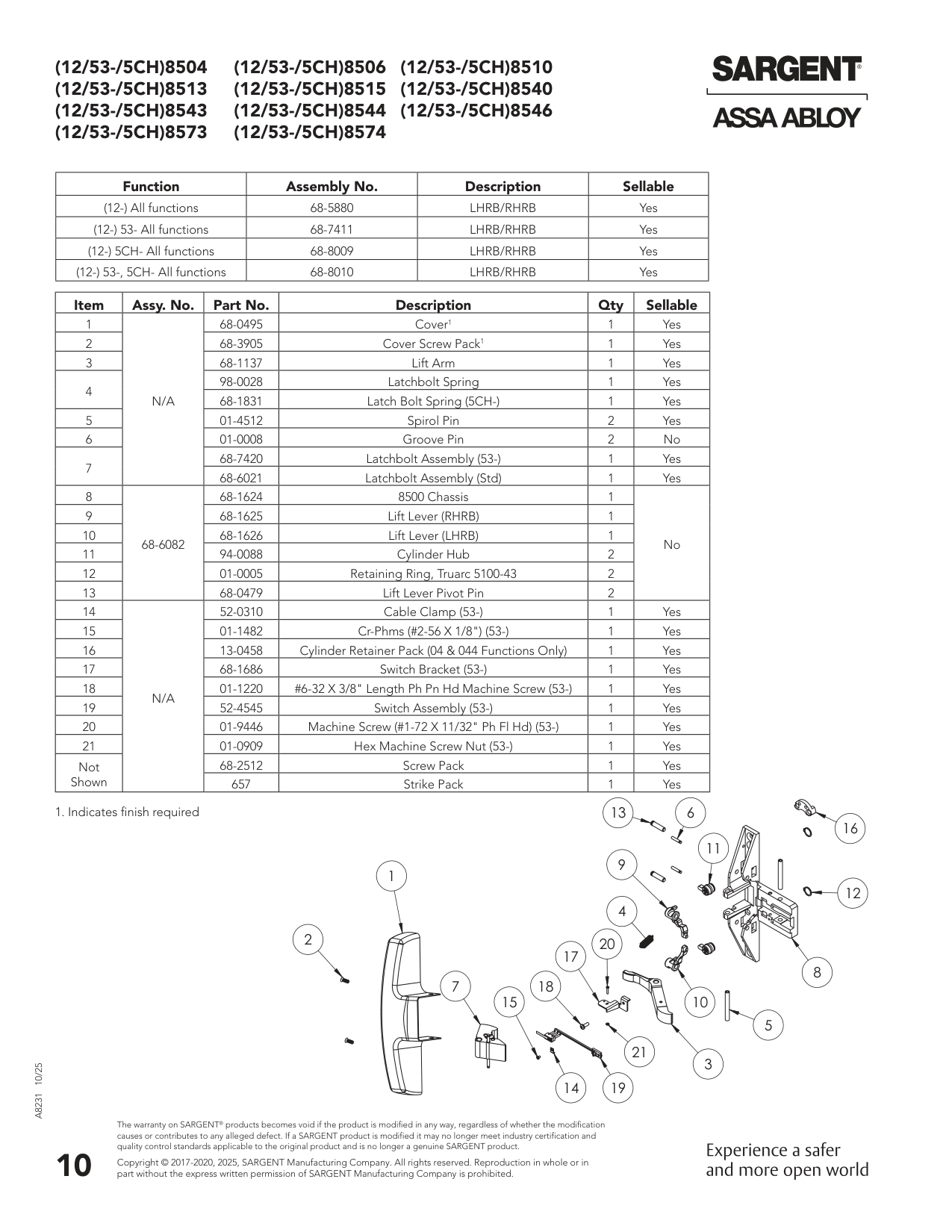 Sargent 01-0008 Pin Parts List