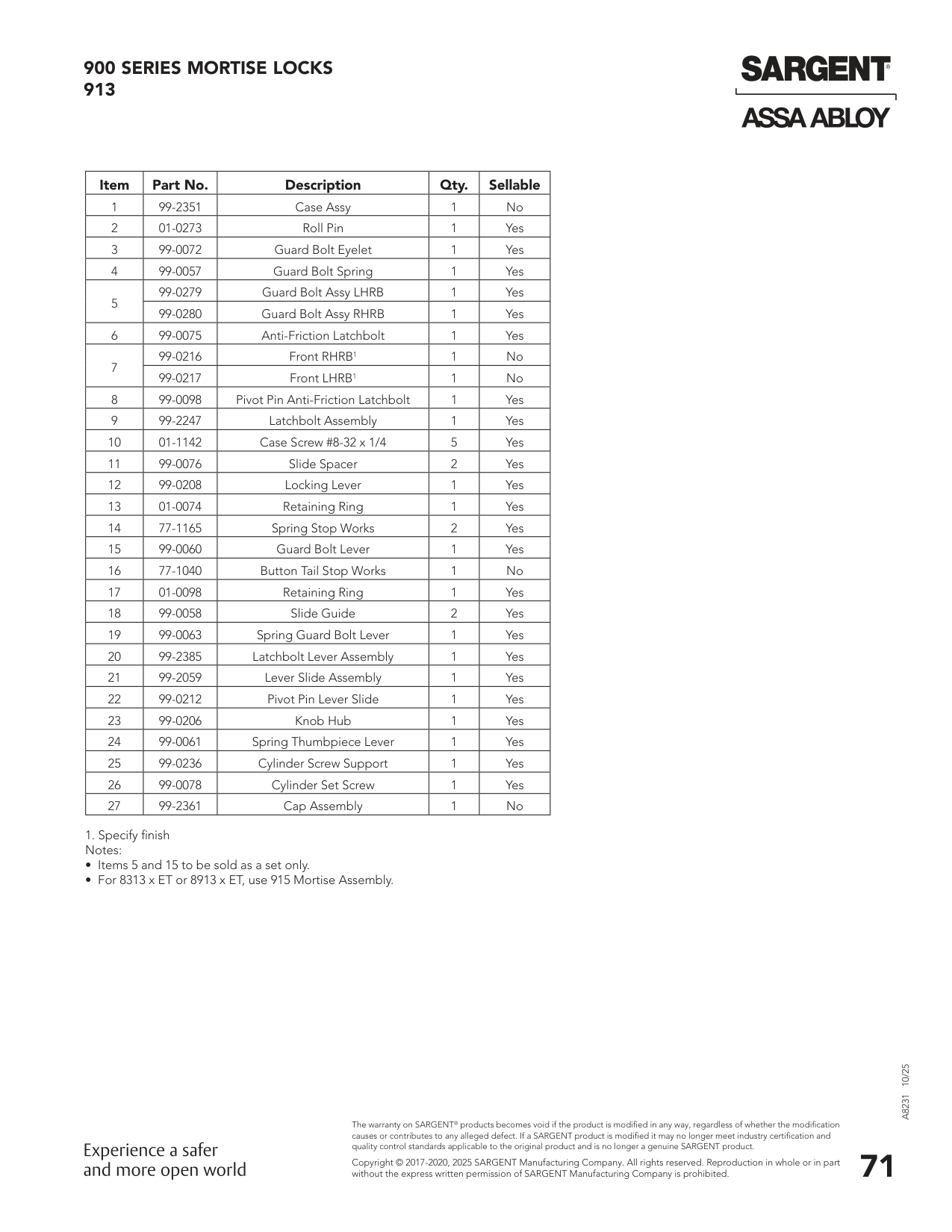 Sargent 01-0074 Part Parts List