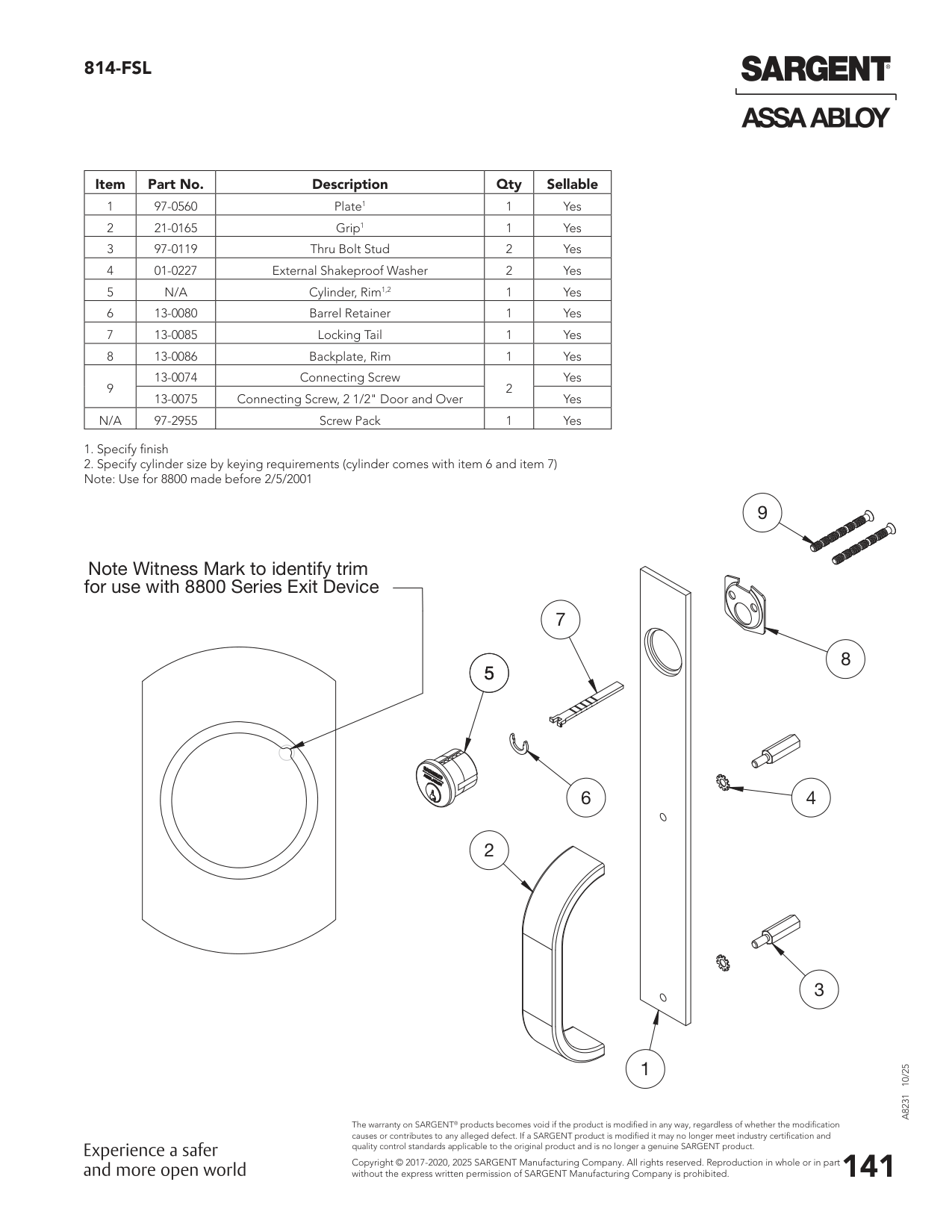 Sargent 01-0227 Part Parts List