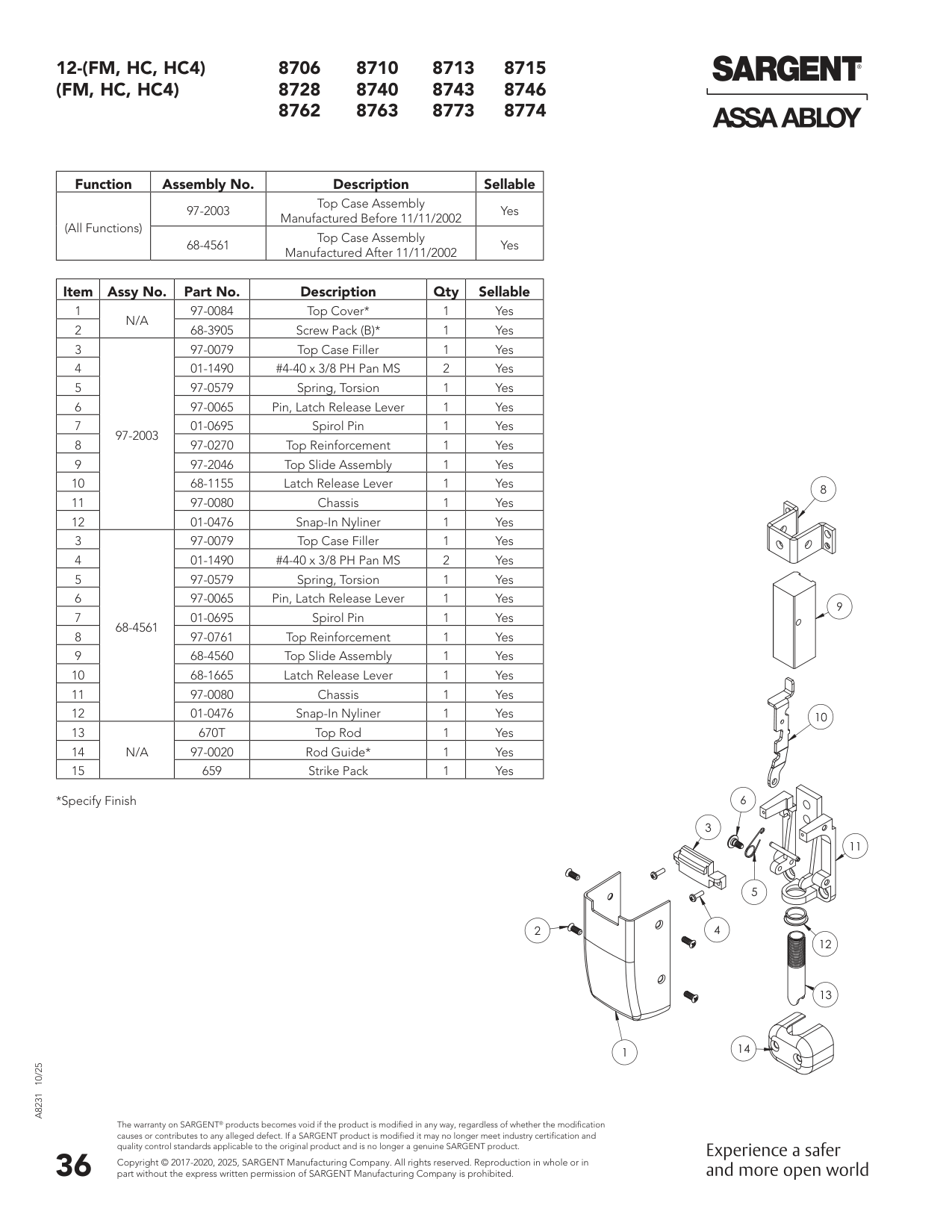 Sargent 01-0695 Pin Parts List