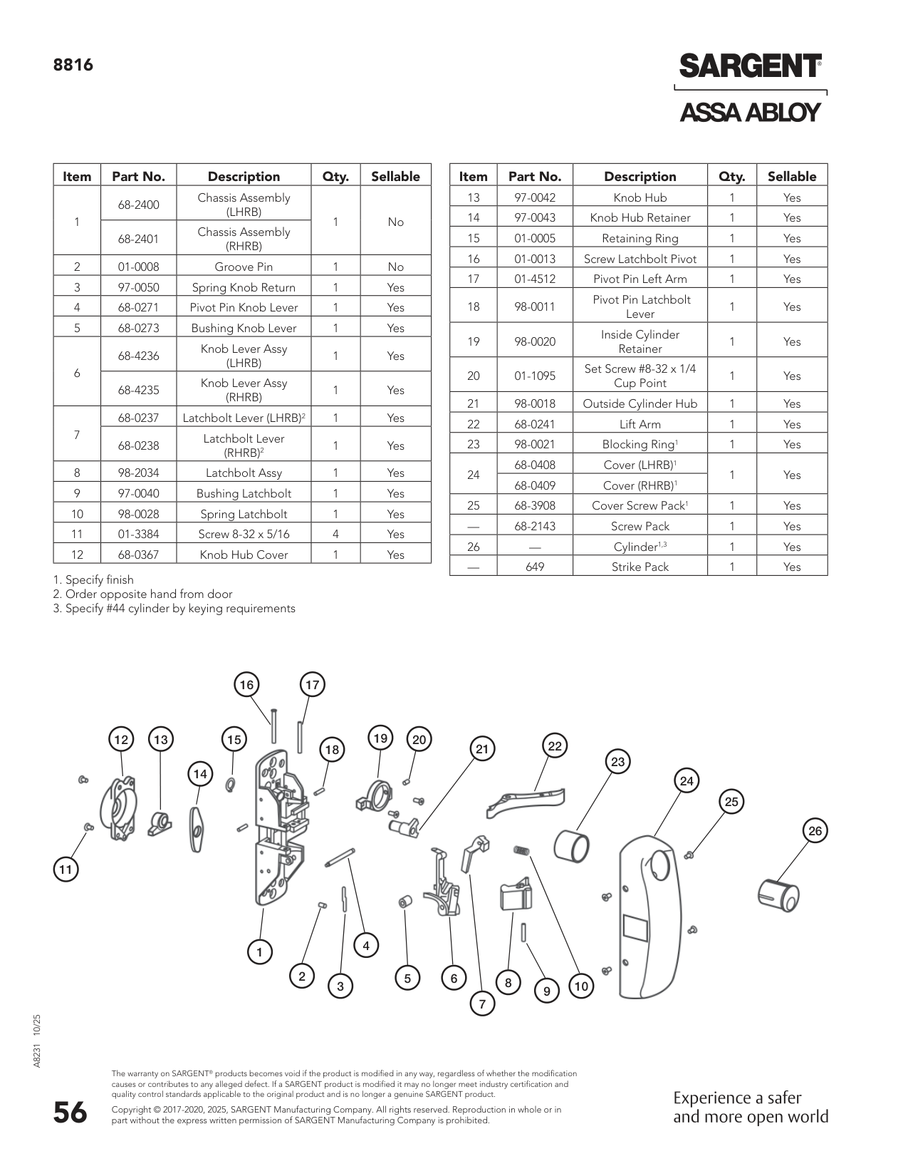 Sargent 68-0271 Pin Parts List