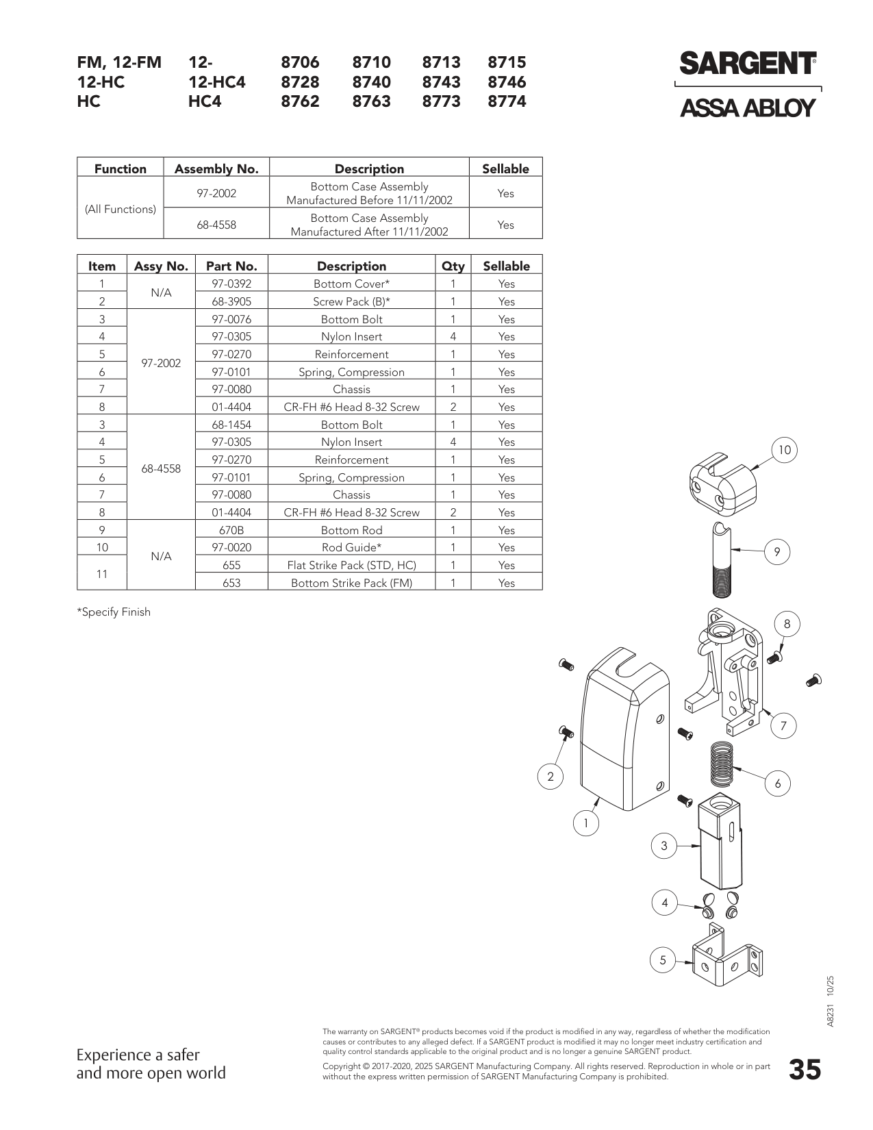 Sargent 97-0305 Part Parts List
