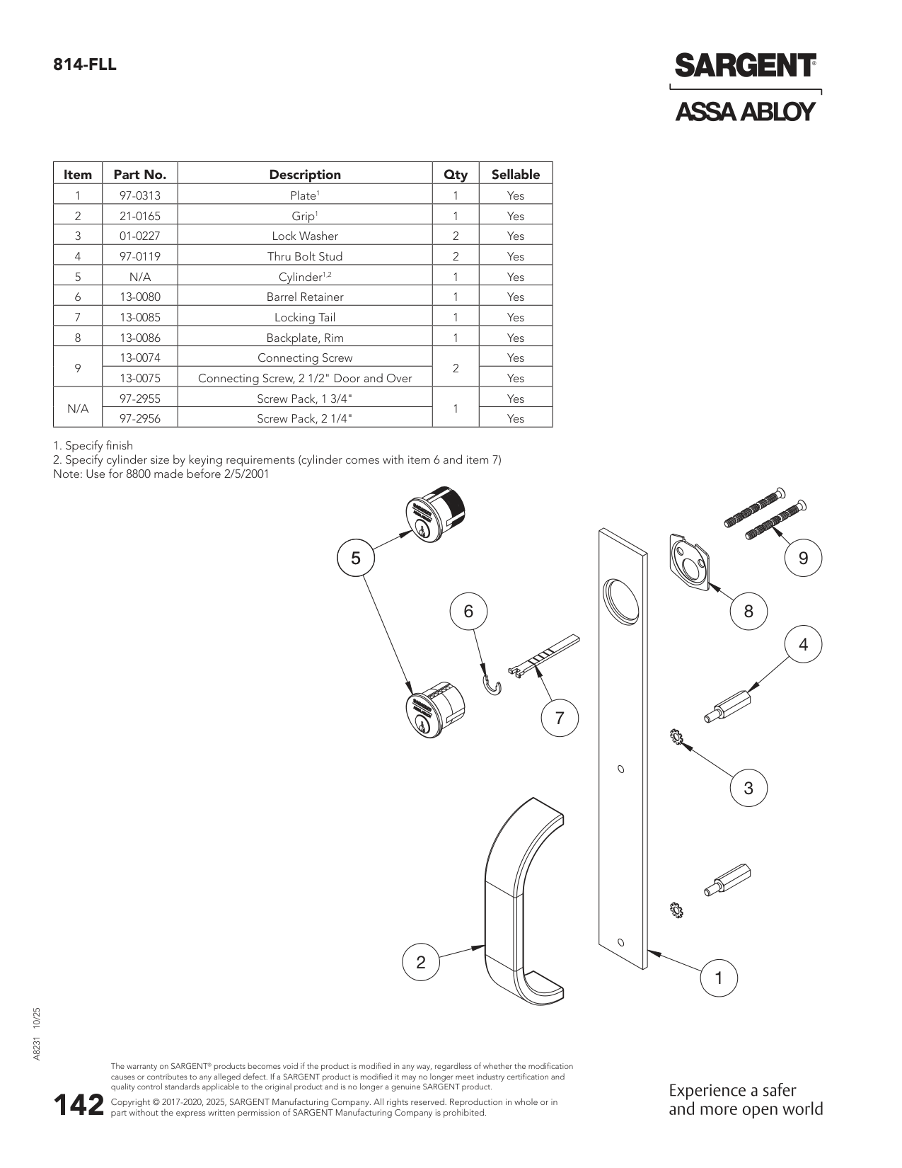 Sargent 97-0313 Part Parts List