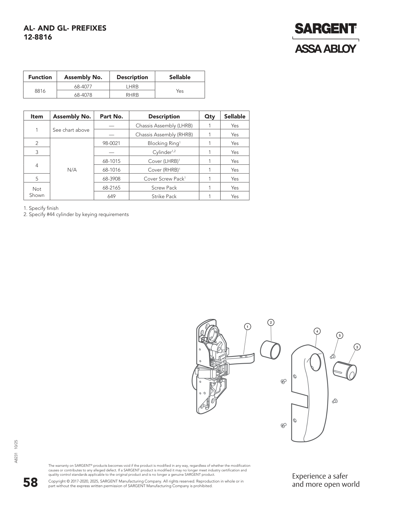 Sargent 68-4077 Chassis Assembly Parts List