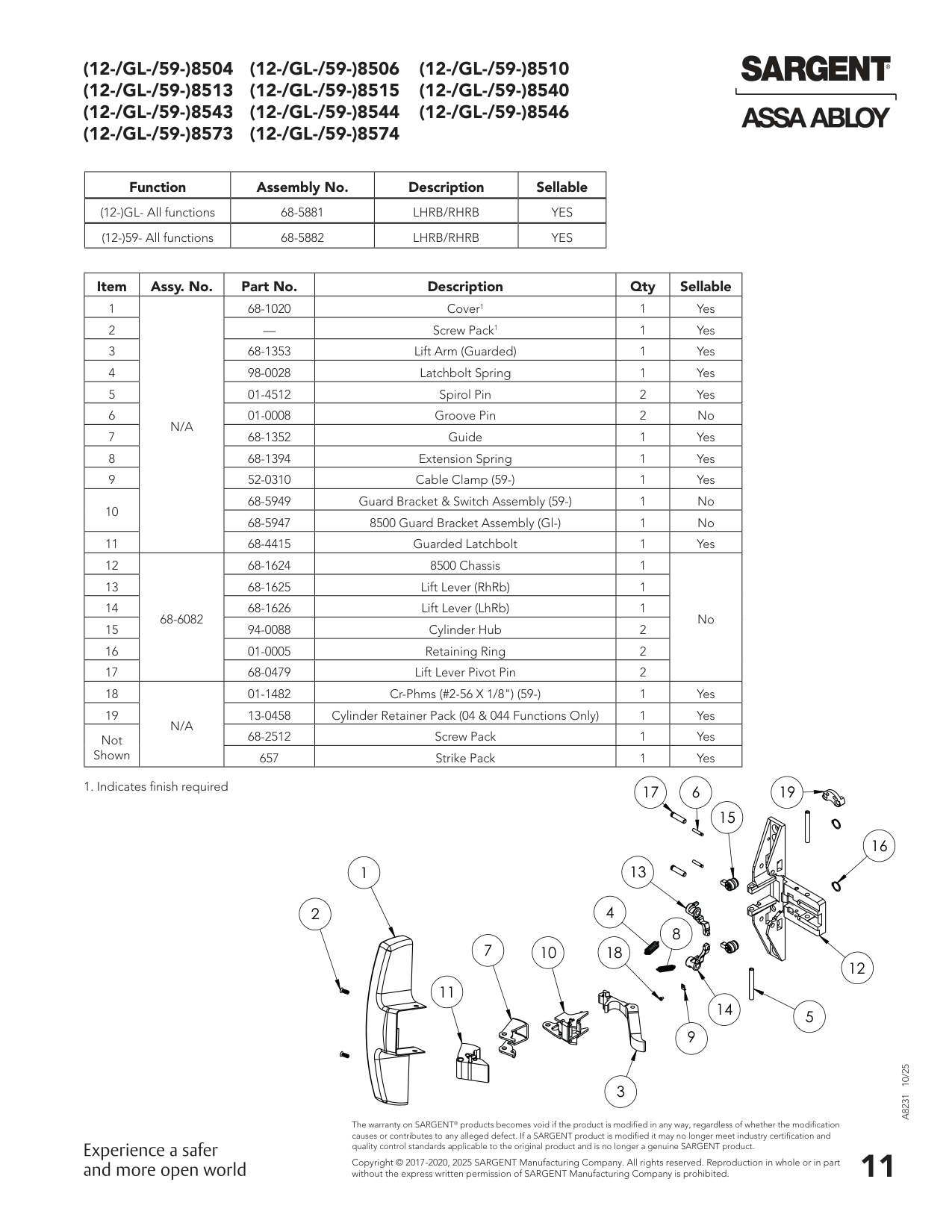 Sargent 68-5882 Chassis Assembly Parts List