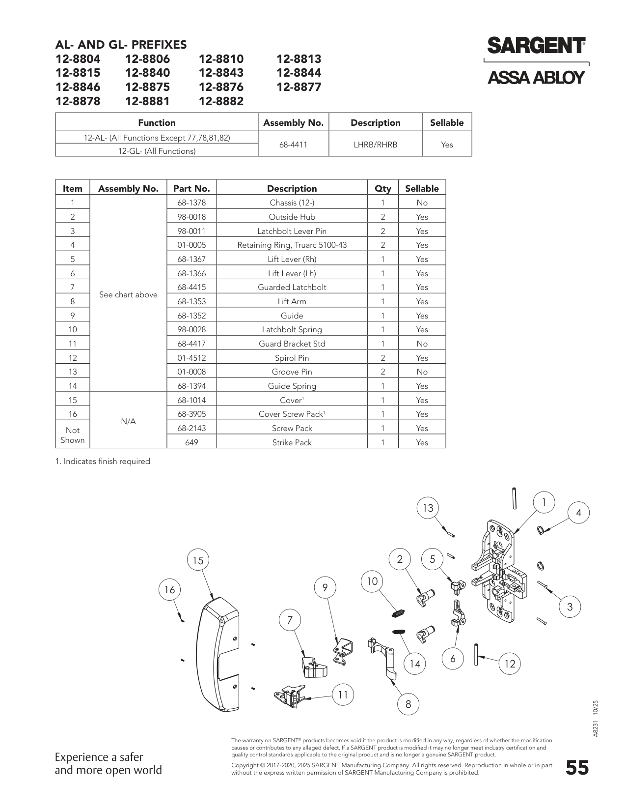 Sargent 68-4411 Chassis Assembly Parts List