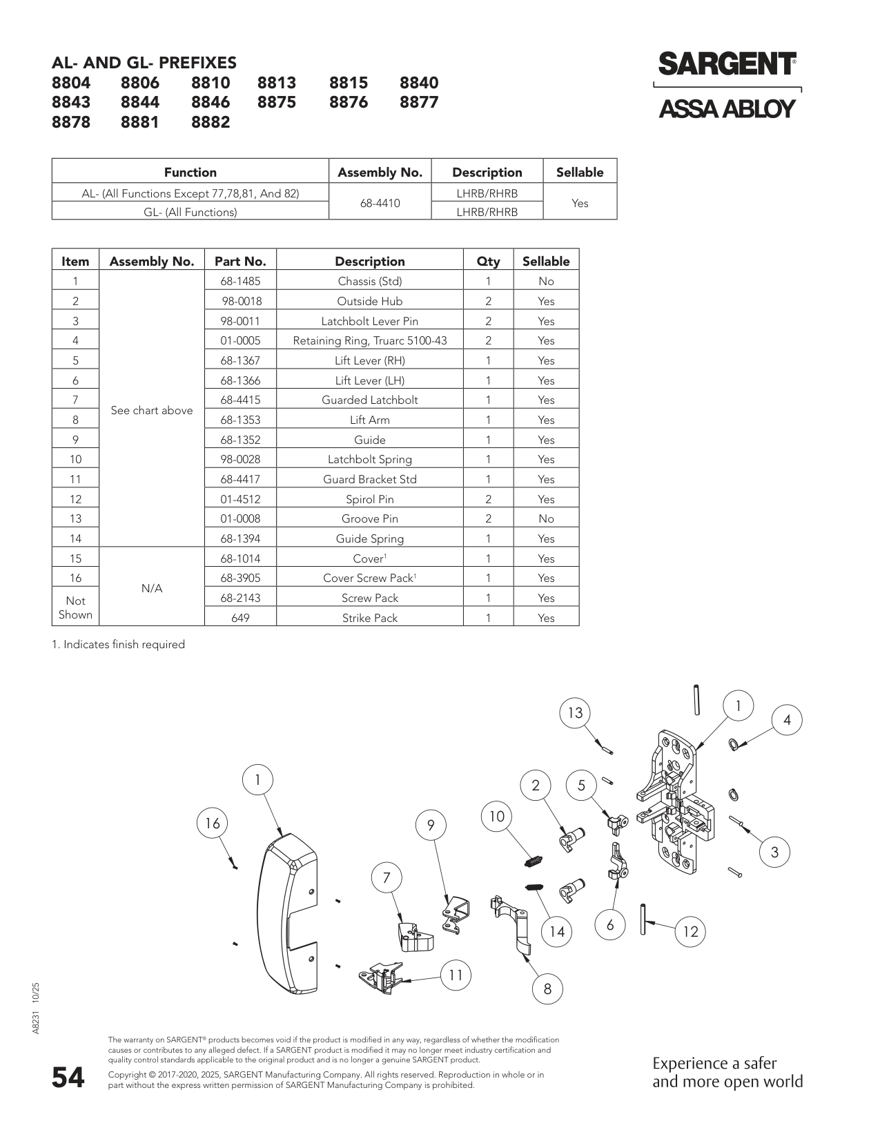 Sargent 68-4410 Chassis Assembly Parts List