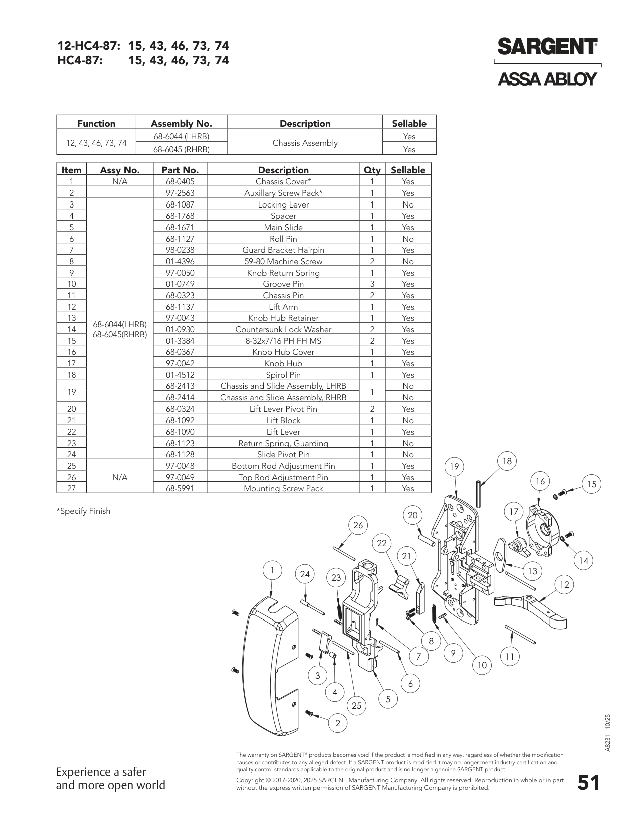 Sargent 68-6045 Chassis Assembly Parts List