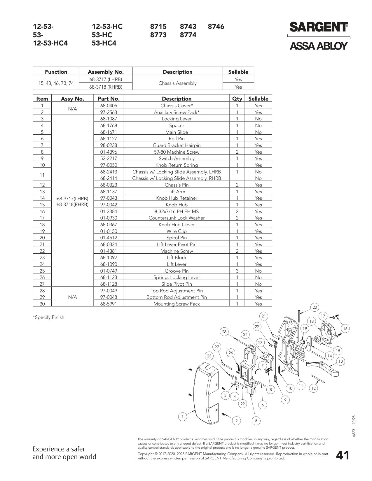 Sargent 68-3717 Chassis Assembly Parts List