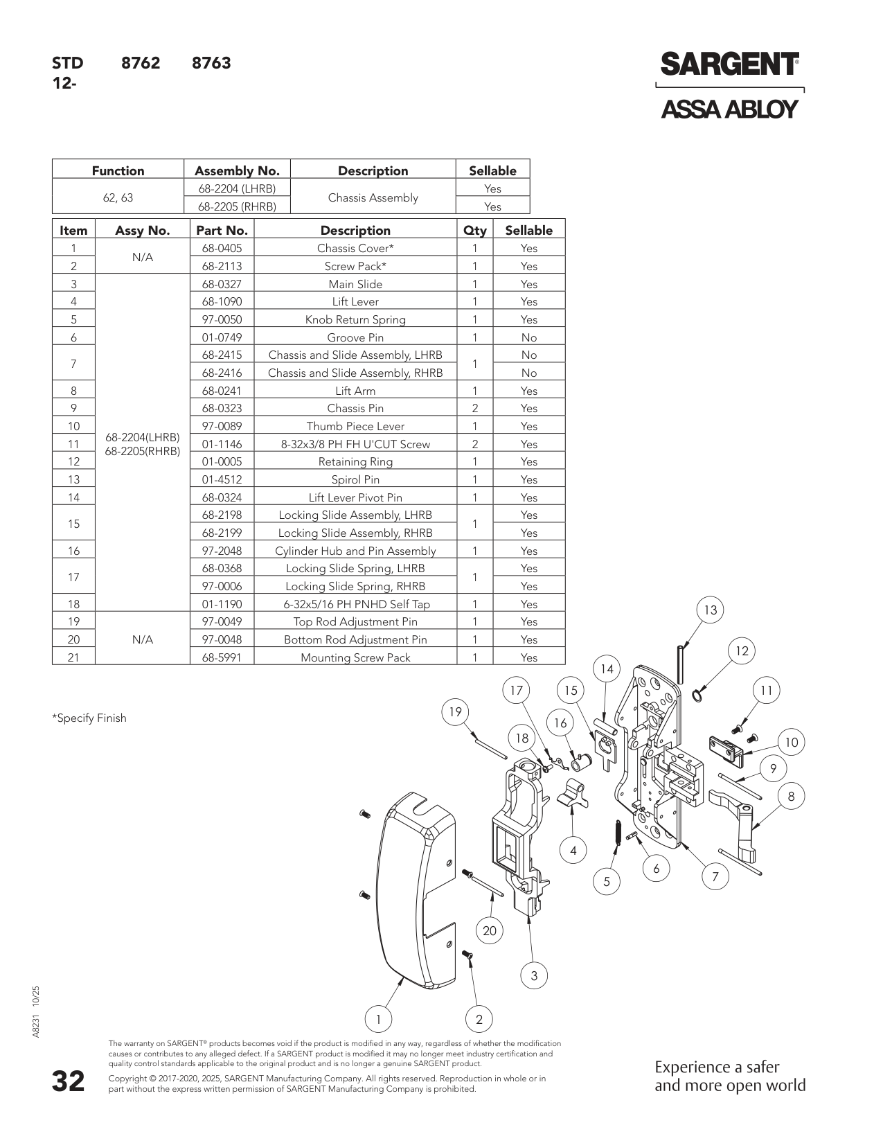Sargent 68-2205 Chassis Assembly Parts List