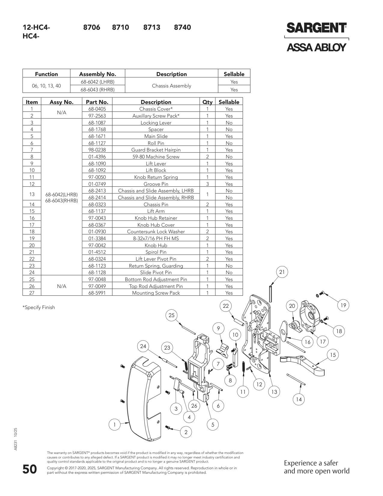 Sargent 68-6042 Chassis Assembly Parts List