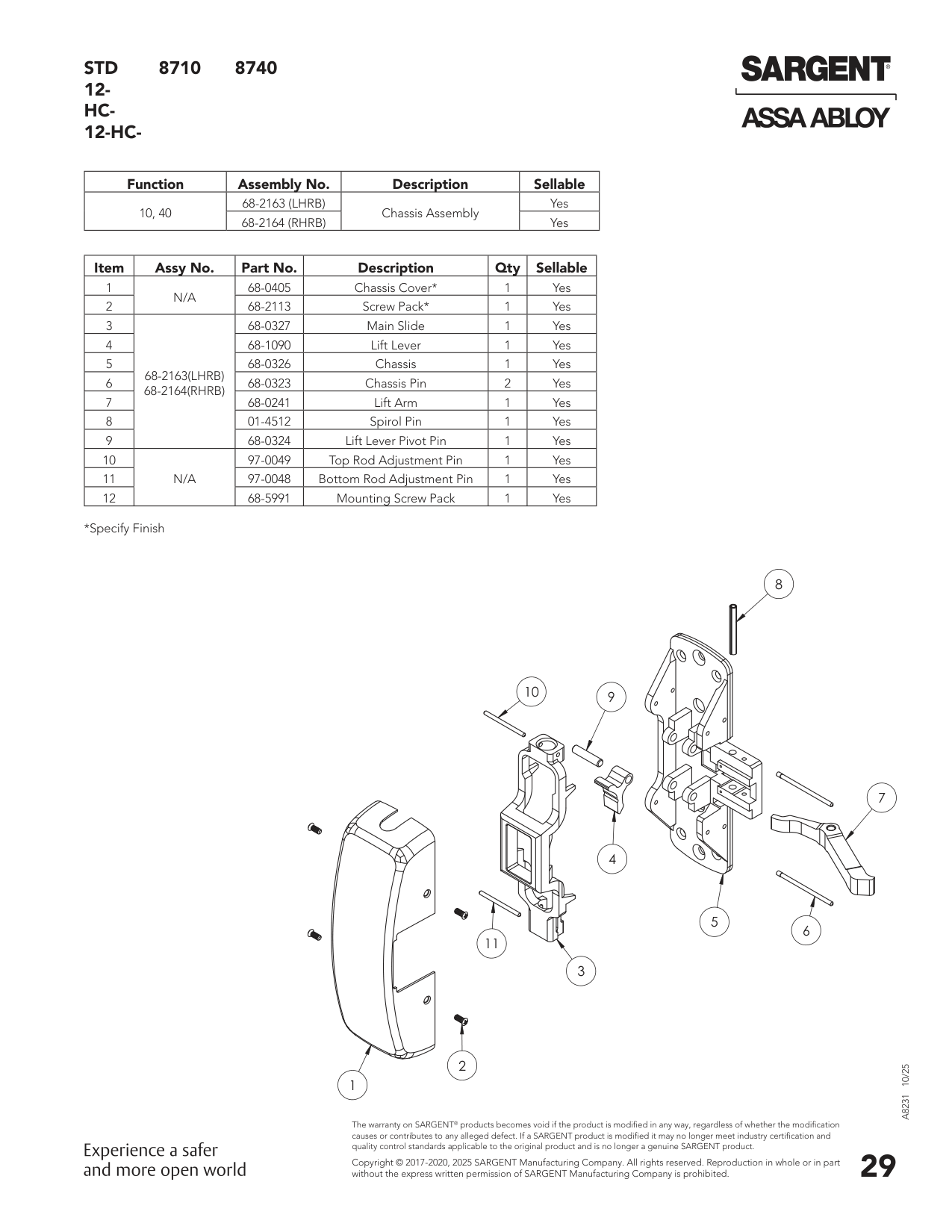 Sargent 68-6046 Chassis Assembly Parts List