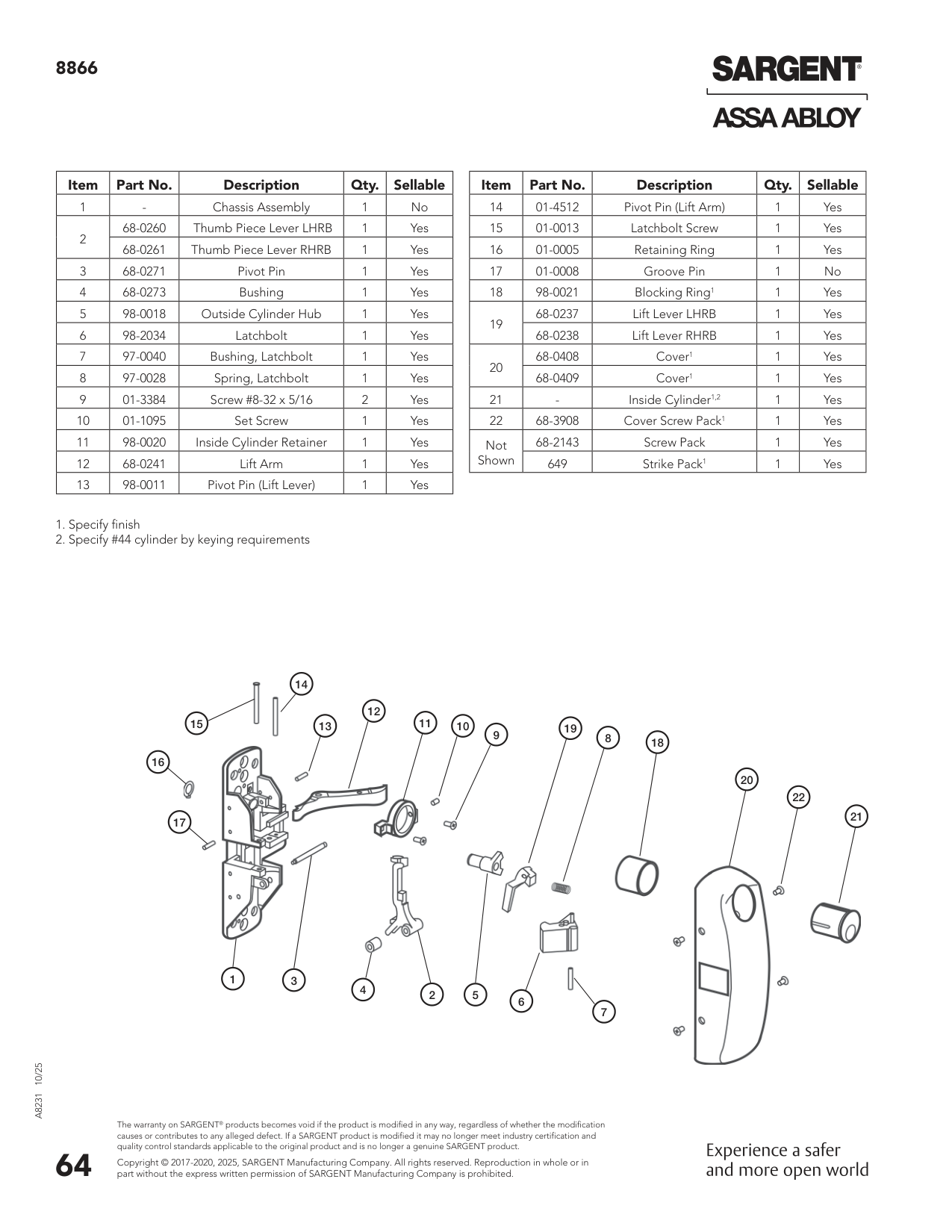 Sargent 68-2316 Chassis Assembly Parts List
