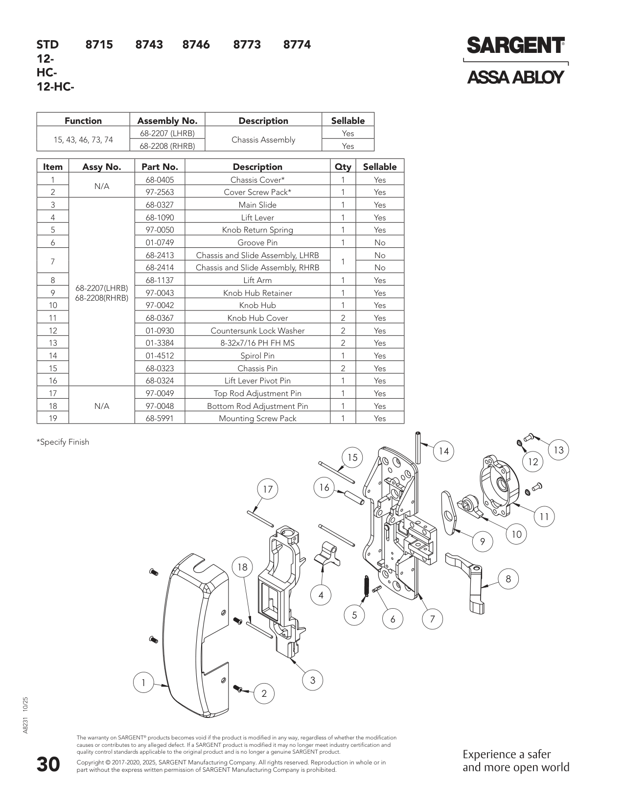 Sargent 68-2448 Chassis Assembly Parts List