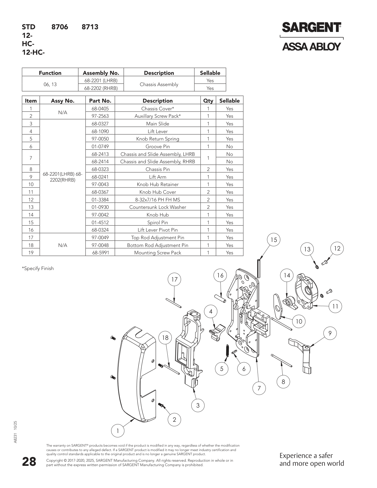 Sargent 68-4113 Chassis Assembly Parts List