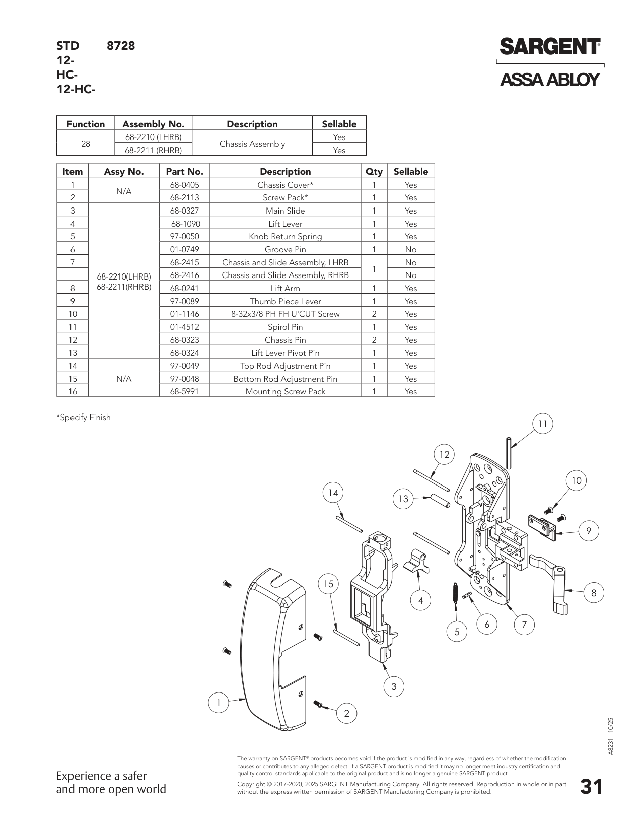 Sargent 68-4118 Chassis Assembly Parts List