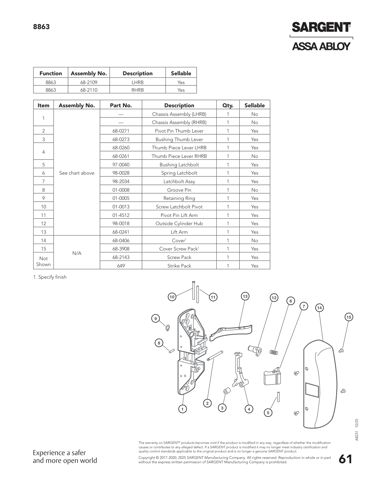 Sargent 68-2327 Chassis Assembly Parts List