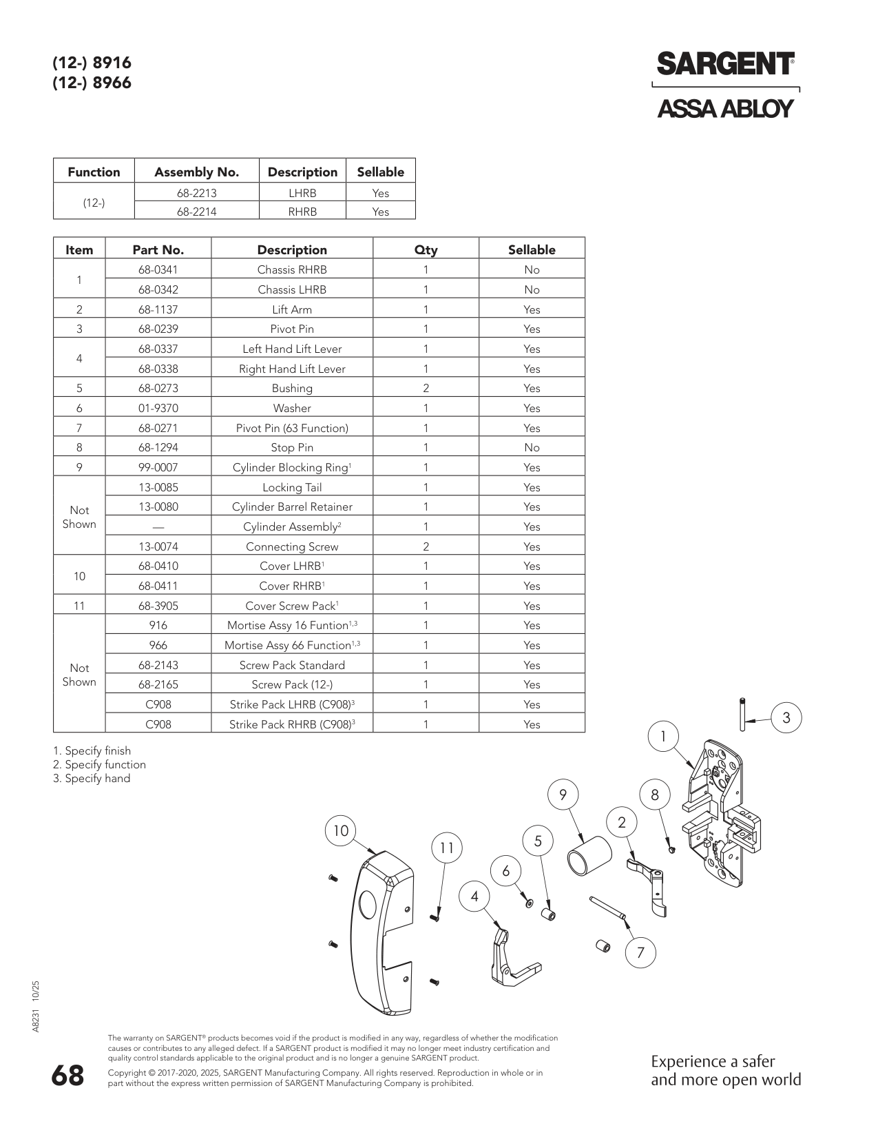 Sargent 68-2466 Chassis Assembly Parts List