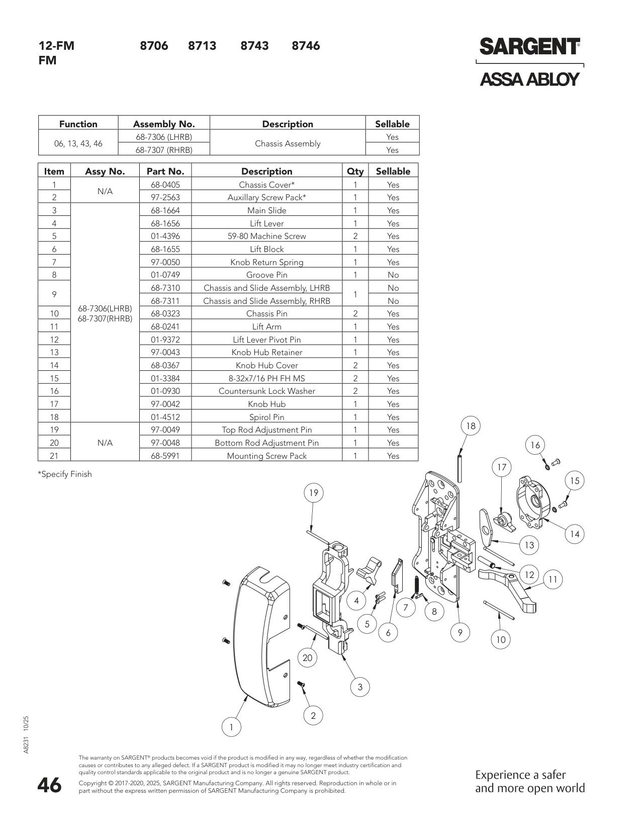 Sargent 68-7307 Chassis Assembly Parts List