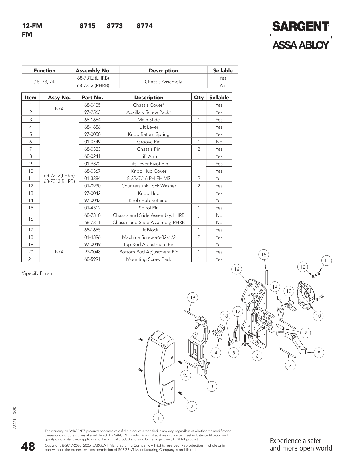Sargent 68-7313 Chassis Assembly Parts List