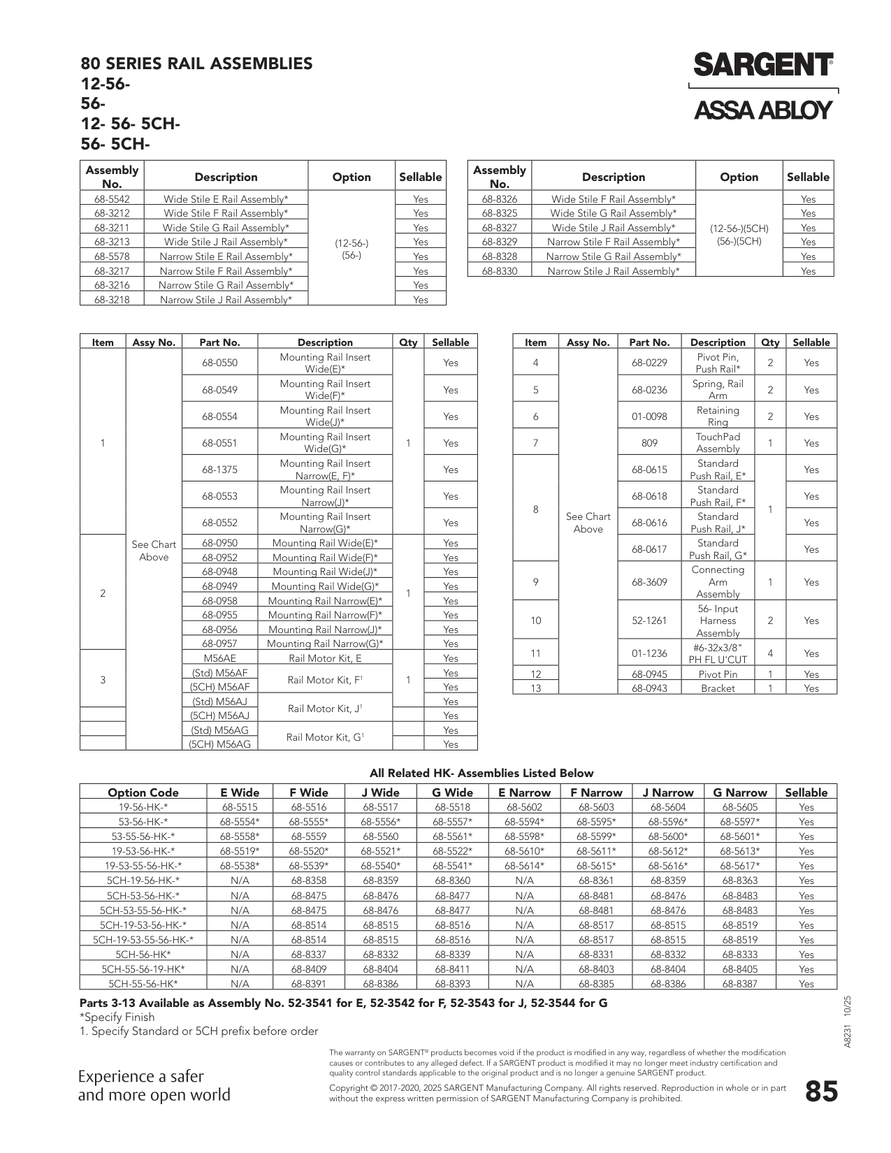 Sargent 68-3218 Assembly Parts List