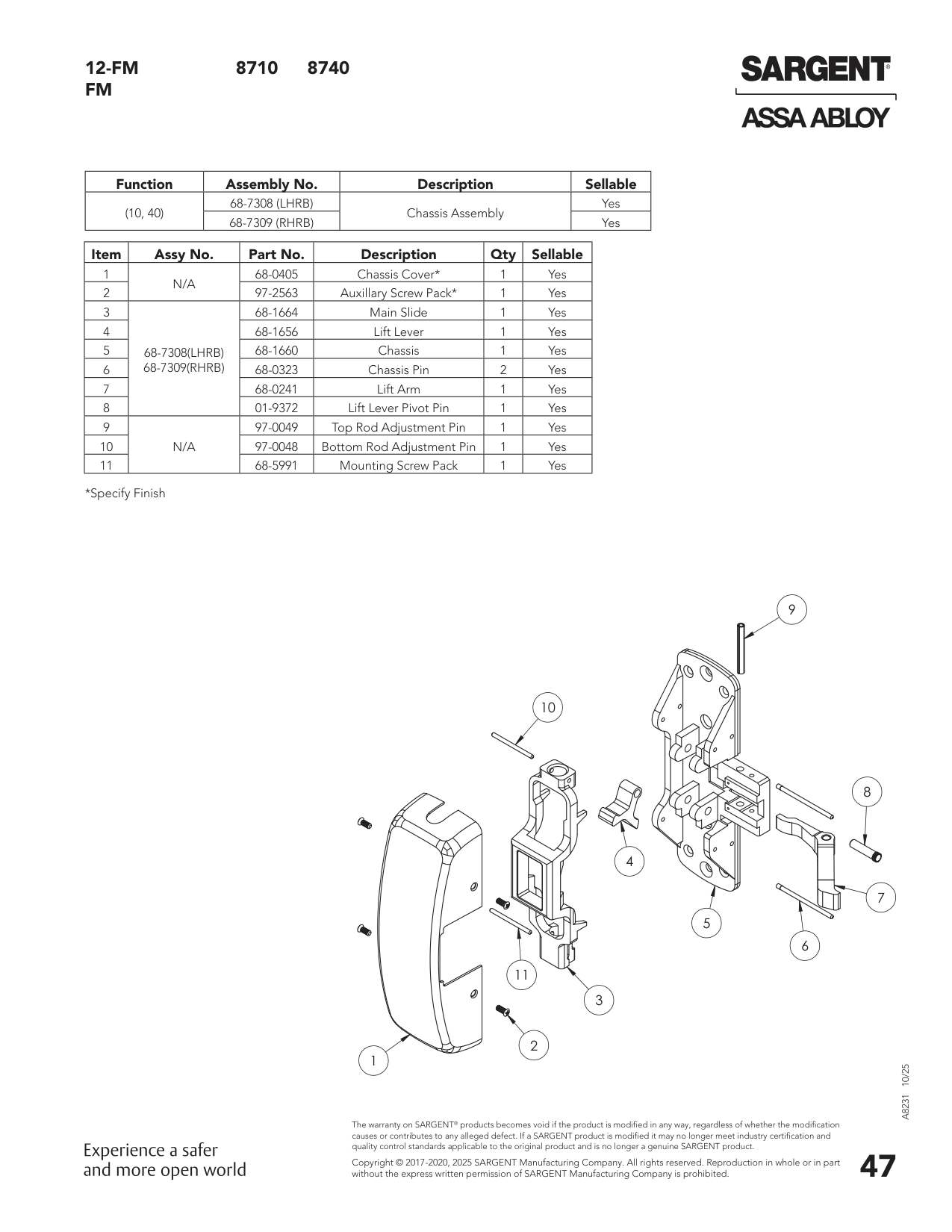 Sargent 68-7309 Chassis Assembly Parts List