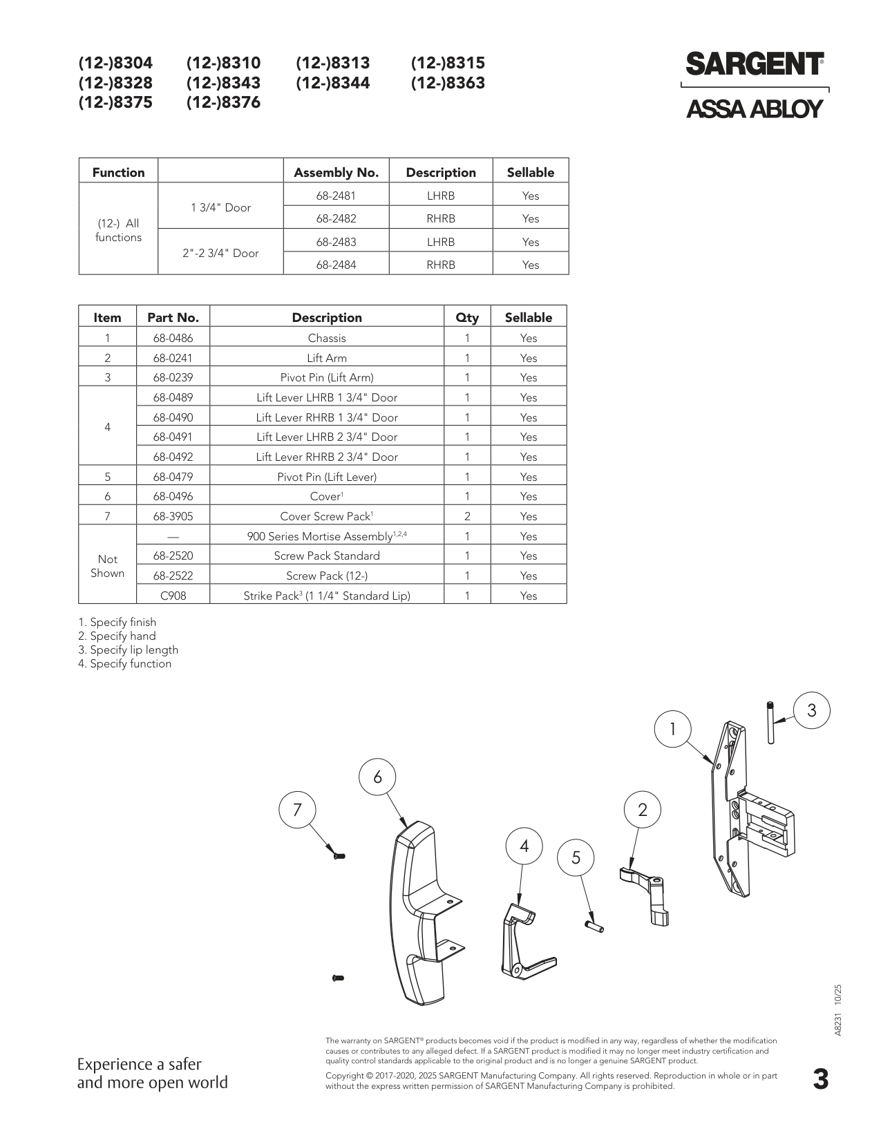 Sargent 68-0496 Cover Parts List