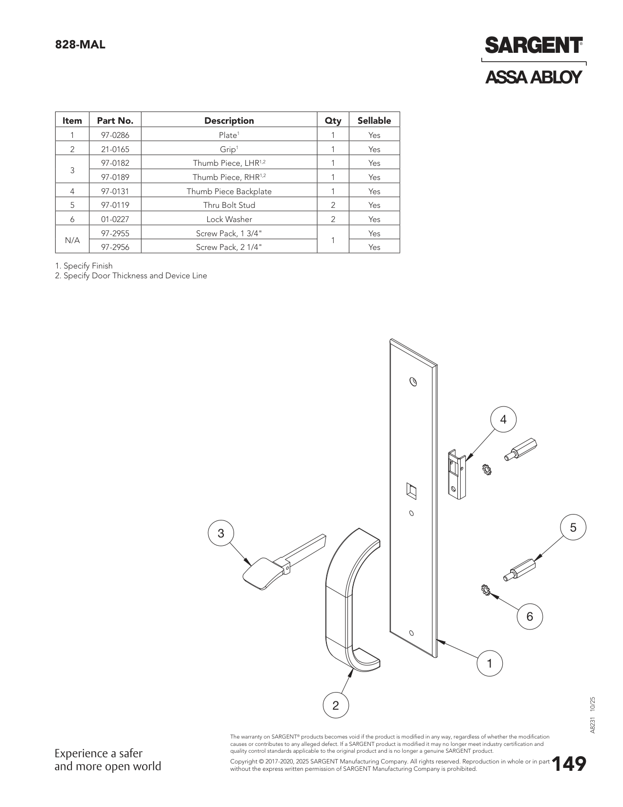 Sargent 97-0286 Part Parts List