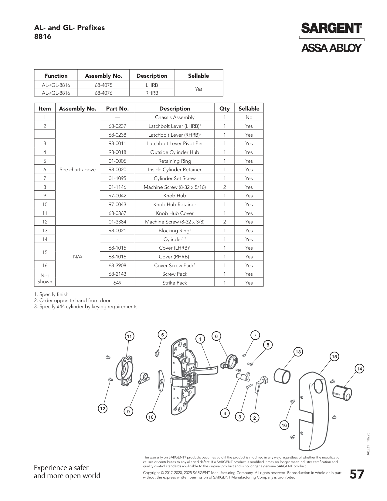 Sargent 68-1015 Cover Parts List