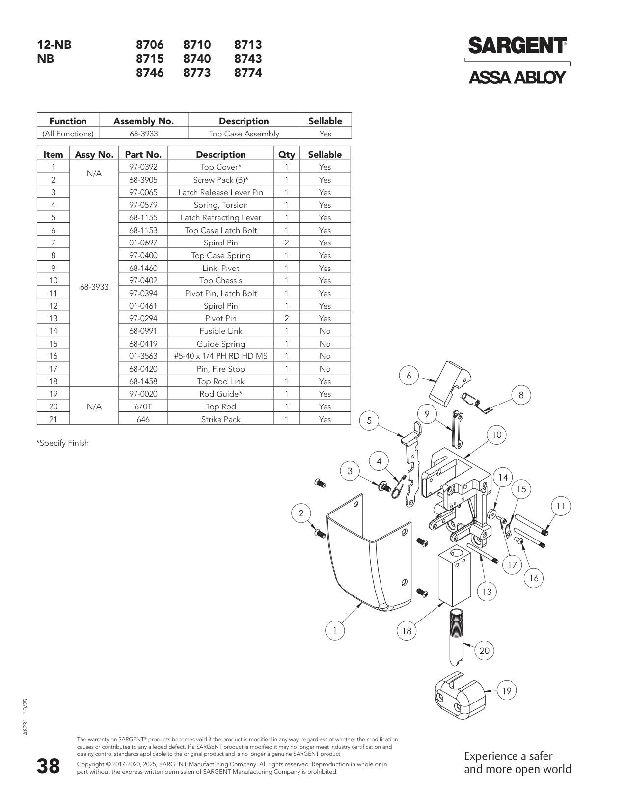 Sargent 01-3563 Screw Parts List