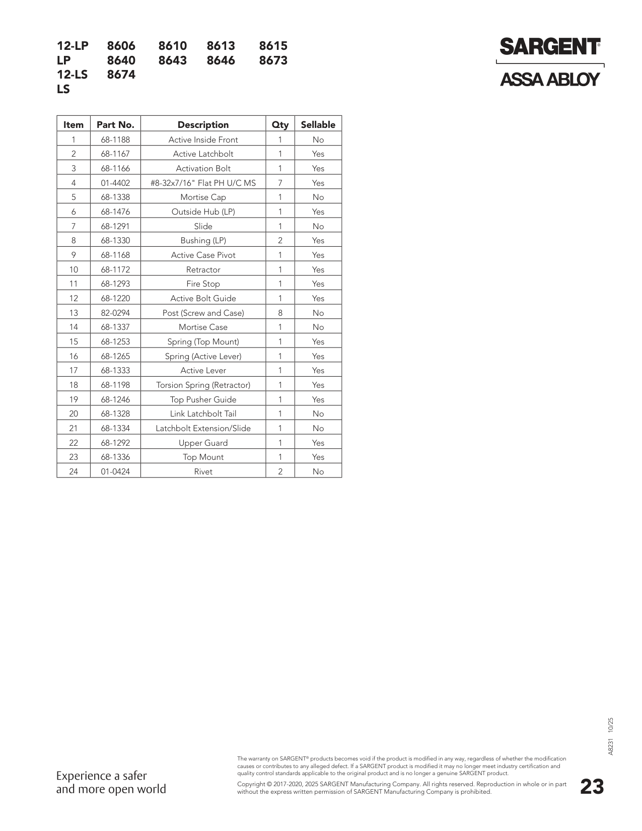 Sargent 68-1166 Part Parts List